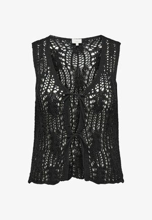 Černý pletený svetr bez rukávů s hlubokým V výstřihem, otevřeným předním dílem a ozdobnými šňůrkami. Obsahuje složitý, otevřený krajkový vzor po celém povrchu.