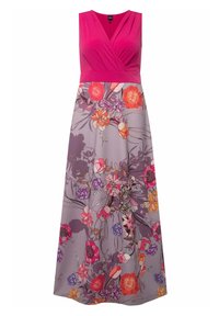 Maxiklänning med en åtsittande, rosa överdel och en blommig, lila kjol med orange, rosa och lila blommor på ett slätt tyg.