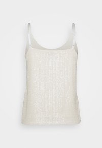 Top camicia in morbido tessuto bianco, caratterizzato da un design testurizzato con paillettes. Spalline sottili e trasparenti e un collo a giro creano una silhouette rilassata.
