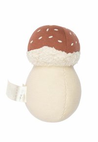 Blødt fyldt legetøj formet som en svamp; brun hat med hvide prikker, hvidt fyldigt underside og en beige krop. Har et plejeetiket på siden.