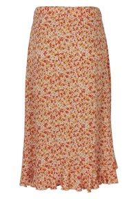 Bloemenprint midi rok van lichtgewicht stof, met oranje en gele bloemen op een lichte achtergrond, uitlopende vorm en gerimpelde zoom.