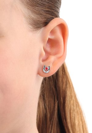 Orecchino a forma di ferro di cavallo argento con un cuore rosso al centro indossato sul lobo dell'orecchio sinistro di una donna, con i capelli castani raccolti dietro l'orecchio.