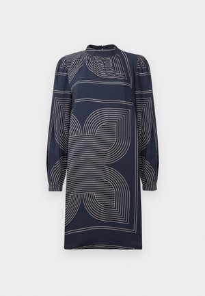 Marine jurk van gladde stof met geometrische beige patronen, lange mouwen, een hoge halslijn en geraffineerde details bij de schouders.