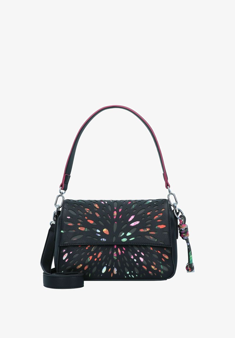 Sac en cuir noir avec motif floral découpé, accents multicolores, une poignée supérieure et une bandoulière ajustable. Quincaillerie en argent.