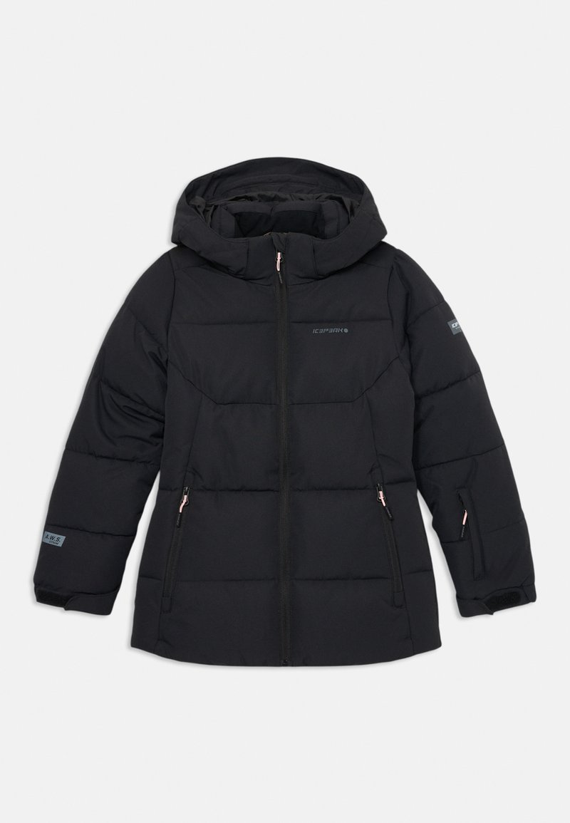 Schwarze gepolsterte Winterjacke mit Kapuze, ausgestattet mit einem Frontreißverschluss, seitlichen Taschen und elastischen Bündchen. Sie hat eine glatte Außenseite und ein gestepptes Design.