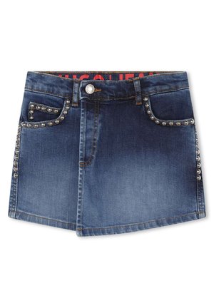 Jupe en denim mini avec un dégradé bleu foncé, des accents cloutés le long des poches et une fermeture à boutons à la taille.