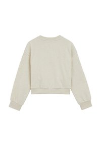 Felpa accorciata beige chiaro in tessuto testurizzato, con colletto rotondo a coste e polsini elasticizzati. Senza loghi o motivi visibili.