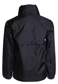 Black waterproof jacket with a high collar and long sleeves. Features a back yoke and side seams. Smooth, lightweight fabric with a matte finish.