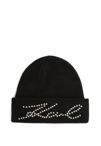 Gorro de canalé negro con puño doblado, que presenta acentos de strass plateados en un diseño en cursiva. Tejido suave con acabado texturizado.
