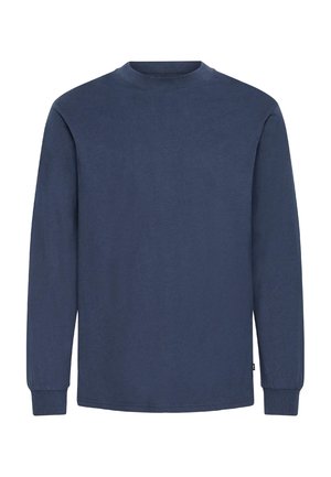 Kék hosszúujjú póló, pamutból készült, egyszerű kerek nyakkal, bordás mandzsettákkal és egyenes aljjal. Simává textúra, minta nélküli.
