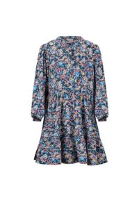 Květinové šaty s dlouhými rukávy, kulat�ým výstřihem a rozšířeným střihem. Tmavé pozadí s růžovými a modrými květinovými vzory a volánkovým lemem.