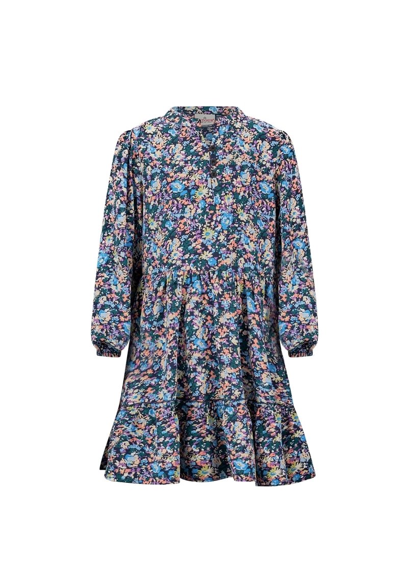 Květinové šaty s dlouhými rukávy, kulatým výstřihem a rozšířeným střihem. Tmavé pozadí s růžovými a modrými květinovými vzory a volánkovým lemem.