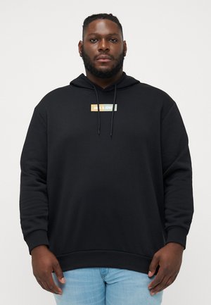 Black hooded sweatshirt with a straight cut, featuring a logo in colored blocks at the center. Soft fabric with ribbed cuffs and hem.