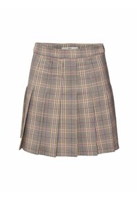 Falda de cuadros plisada en gris, con un patrón de cuadros en amarillo, púrpura y blanco. Fabricada con un tejido de textura suave, incluye una cinturilla.