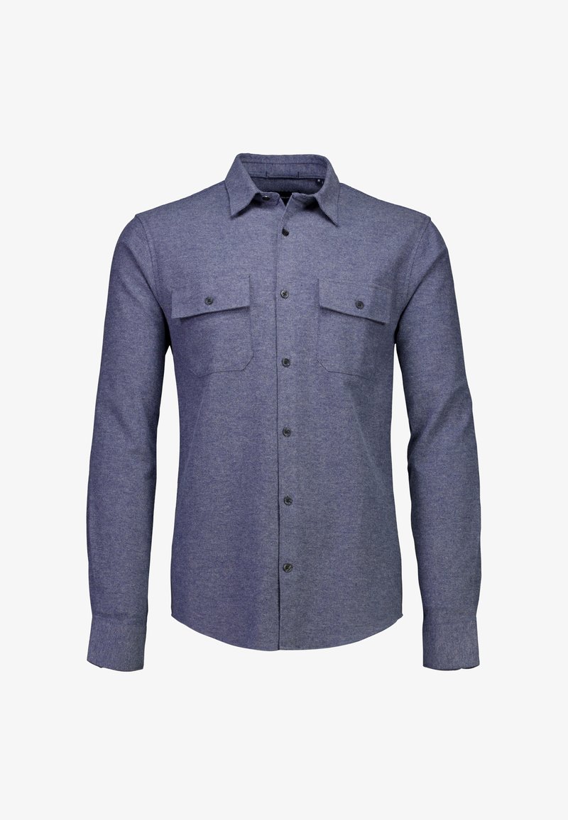 Langarm overhemd in donkerblauwe stof, met twee borstzakken, knoopsluiting aan de voorkant en een klassieke kraag. Gladde textuur en moderne pasvorm.