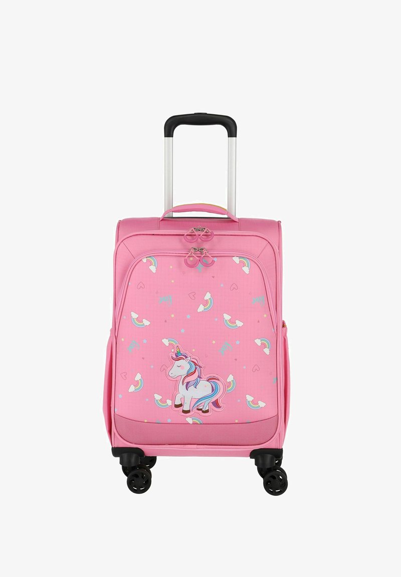 Valigia con ruote rosa decorata con un design di unicorno, con motivi di arcobaleni e cuori, dotata di manico retrattile e quattro ruote nere.