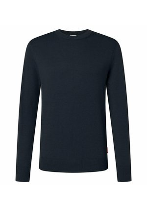 Donkerblauwe trui met lange mouwen en ronde hals, met geribbelde boorden en zoom, weergegeven op een effen witte achtergrond.