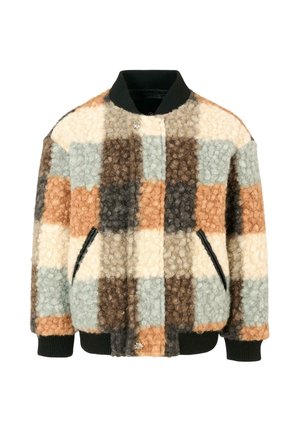 Giacca bomber multicolore con design a patchwork in marrone, beige, teal e arancione. Tessuto testurizzato con due tasche laterali e polsini a coste.