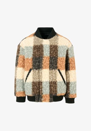 Giacca bomber multicolore con design a patchwork in marrone, beige, teal e arancione. Tessuto testurizzato con due tasche laterali e polsini a coste.