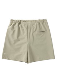 Helle beigen Shorts mit elastischem Bund, einer einzelnen Gesäßtasche und glatter Textur. Einfaches Design ohne sichtbare Muster oder Akzente.