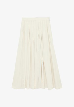 Falda larga plisada de color crema con cinturilla, hecha de tela ligera, fluida y hasta el tobillo.