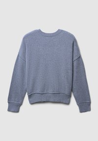 Felpa grigia con scollo a girocollo, maniche a costine e orlo a costine, vestibilità ampia e texture liscia. Il retro è semplice senza ulteriori dettagli.