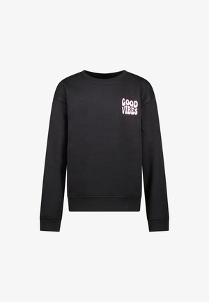 Zwarte sweatshirt van zachte stof met een ronde hals en ribbelboord. Op de linker borst staat de tekst "GOOD VIBES" in lichtroze.