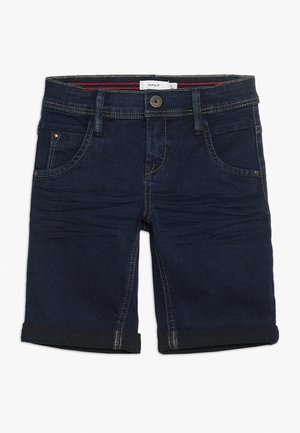 Ciemnogranatowe krótkie spodenki jeansowe z podwiniętymi mankietami, pięcioma kieszeniami, kontrastowymi przeszyciami i metalowym zapięciem na guzik.