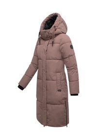Lång mauve vadderad vinterjacka med huva, framsidan med dragkedja döljs av en klaff, sidofickor och justerbara dragsnören.