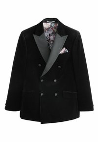 Schwarzes Samt-Doppeltbreasted-Blazer mit satinierter Klappe, floral gemustertem Futter und passendem Einstecktuch. Zwei vordere Taschen vorhanden.