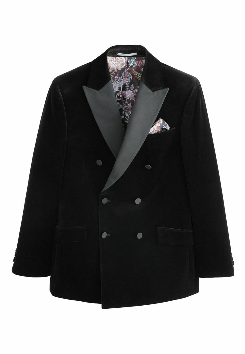 Schwarzes Samt-Doppeltbreasted-Blazer mit satinierter Klappe, floral gemustertem Futter und passendem Einstecktuch. Zwei vordere Taschen vorhanden.