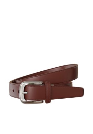 Brown leather belt with silver rectangular buckle and stitched edges, coiled against a white background.