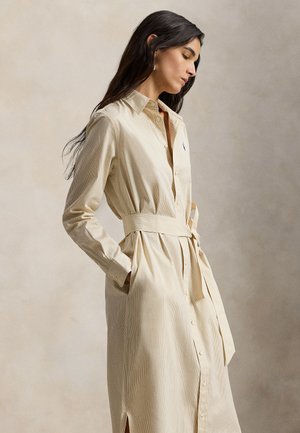 BELTED STRIPED COTTON SHIRTDRESS - Skjortekjole - tan/white