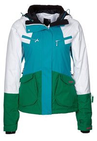 Giacca da sci colorata con un design verde, teal e bianco. Presenta un cappuccio, diverse tasche con zip e polsini regolabili.