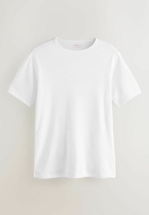 White short-sleeve T-shirt made of textured fabric with a round neckline and relaxed fit. Smooth surface, no visible patterns or accents.