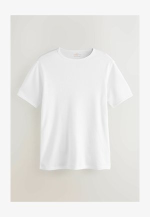 White short-sleeve T-shirt made of textured fabric with a round neckline and relaxed fit. Smooth surface, no visible patterns or accents.