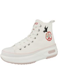 High-top sneakers made of white canvas with red and black embroidery featuring a peace symbol and a bird. Thick white and light pink sole.