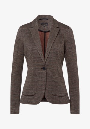 Brunternet blazer med en struktureret design, der har en skarp revers, enkelt knappelukning og to forlommer. Glat stoftekstur.