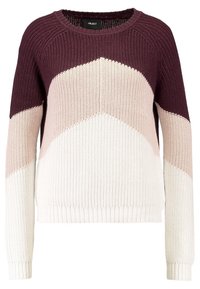 Fetziges Strickpullover mit Farbkombinationen in Dunkellila, Hellrosa und Weiß, die ein Zickzackmuster auf der Vorderseite und den Ärmeln bilden.