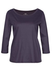 Donkerpaarse langarmshirt met een wijde halslijn, gemaakt van zachte stof. Heeft een gladde textuur en een eenvoudig ontwerp zonder versieringen.