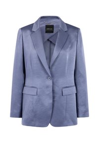 Single-button, long-sleeve satin blazer in glossy light purple with notched lapels and flap pockets, branded label inside collar.