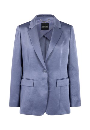 Ein einreihiger, langärmeliger Satin-Blazer in glänzendem Helllila mit Reverskragen und aufgesetzten Taschen, mit Markenlabel im Kragen.