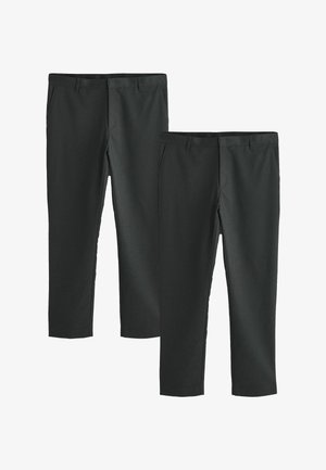 Two pairs of black straight-leg trousers with belt loops and side pockets, displayed against a white background.