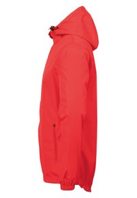 Giacca impermeabile rossa brillante con cappuccio, dotata di polsini elasticizzati e due tasche laterali con zip per uno stivaggio sicuro. Texture liscia e design leggero.
