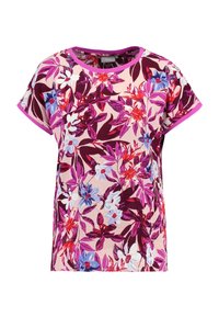 Top corto de manga corta en rosa con detalles en púrpura. Presenta flores vibrantes en rojo, azul y blanco sobre una tela suave y lisa.