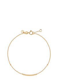 Bransoletka złotonośna z łańcuchem, z małymi okrągłymi koralikami wzdłuż środka, zapinana na zamek typu lobster z regulowaną łańcuszkiem przedłużającym.