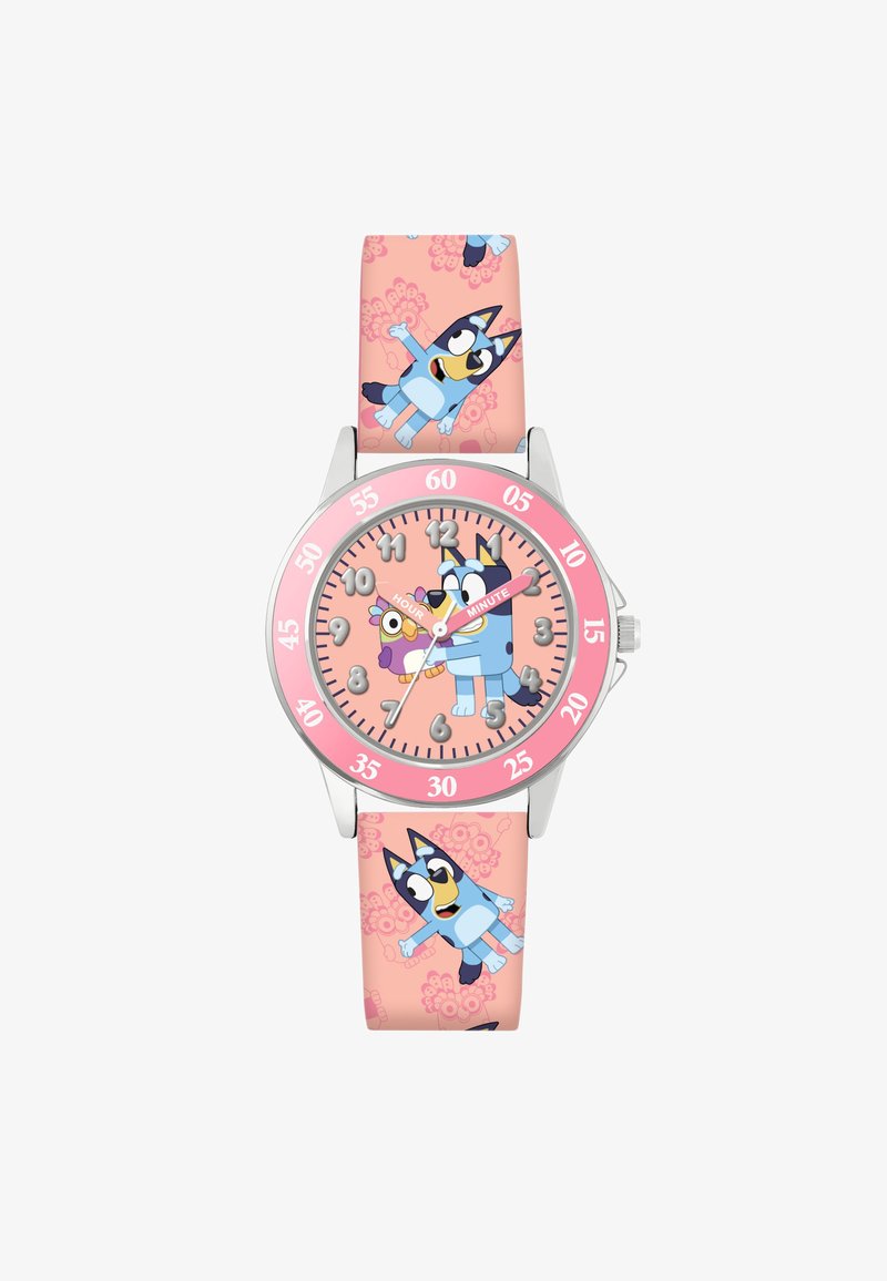 Kinderenhorloge met een roze silicium band met patronen van het personage Bluey, een ronde roze wijzerplaat en zilveren uur- en minuutwijzers.