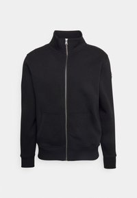 Svart zip-up sweatshirt med hög krage, framfickor, långa ärmar och ribbade mudd. Tillverkad av texturerat fleece-material.