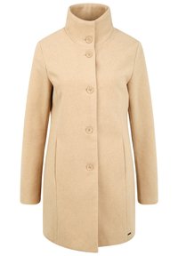 Beige Wollmantel mit hohem Kragen, Fünf-Knopf-Verschluss, langen Ärmeln und geradem Schnitt. Verfügt über ein kleines Logo am unteren Saum.