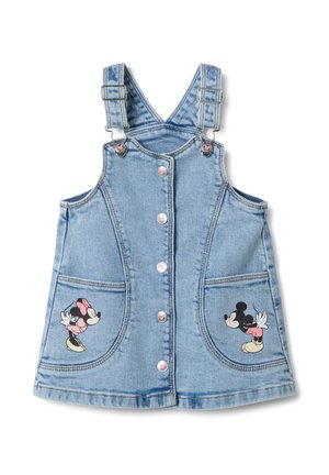 Spijkerjurk in lichtblauwe kleur met verstelbare bandjes, knoopsluiting aan de voorkant, twee zakken met geborduurde ontwerpen van Mickey en Minnie Mouse.